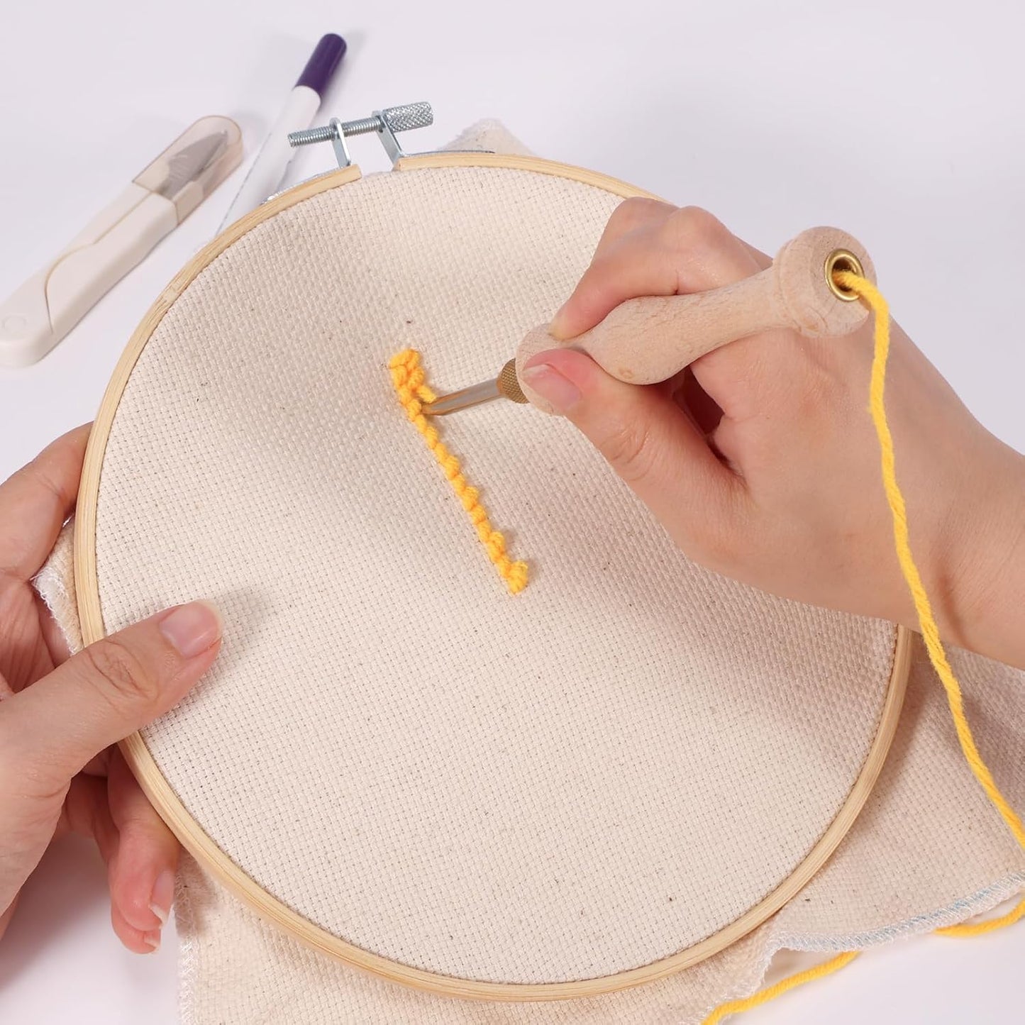 Pllieay 19 Pieces Punch Needle Starter Kit with Embroidery Hoop, Adjustable Wooden Needle Punch, Tufting Cloth, Rug Hooking Beginner Kit for Beginner Embroidery Floss Cross Stitching