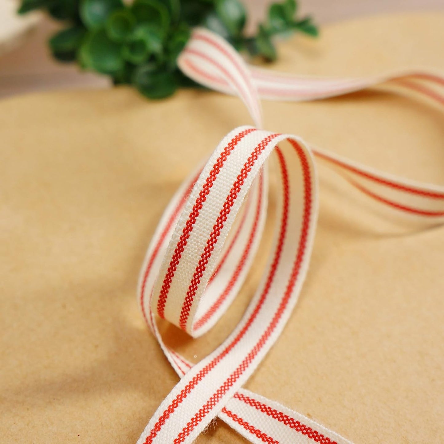 CT CRAFT LLC Ivory Cotton Red Stripes Ribbon 3/8" x 10 Yards for Home Décor Gift Present Wrapping DIY Crafts Birthday Wedding Bouquet Christmas