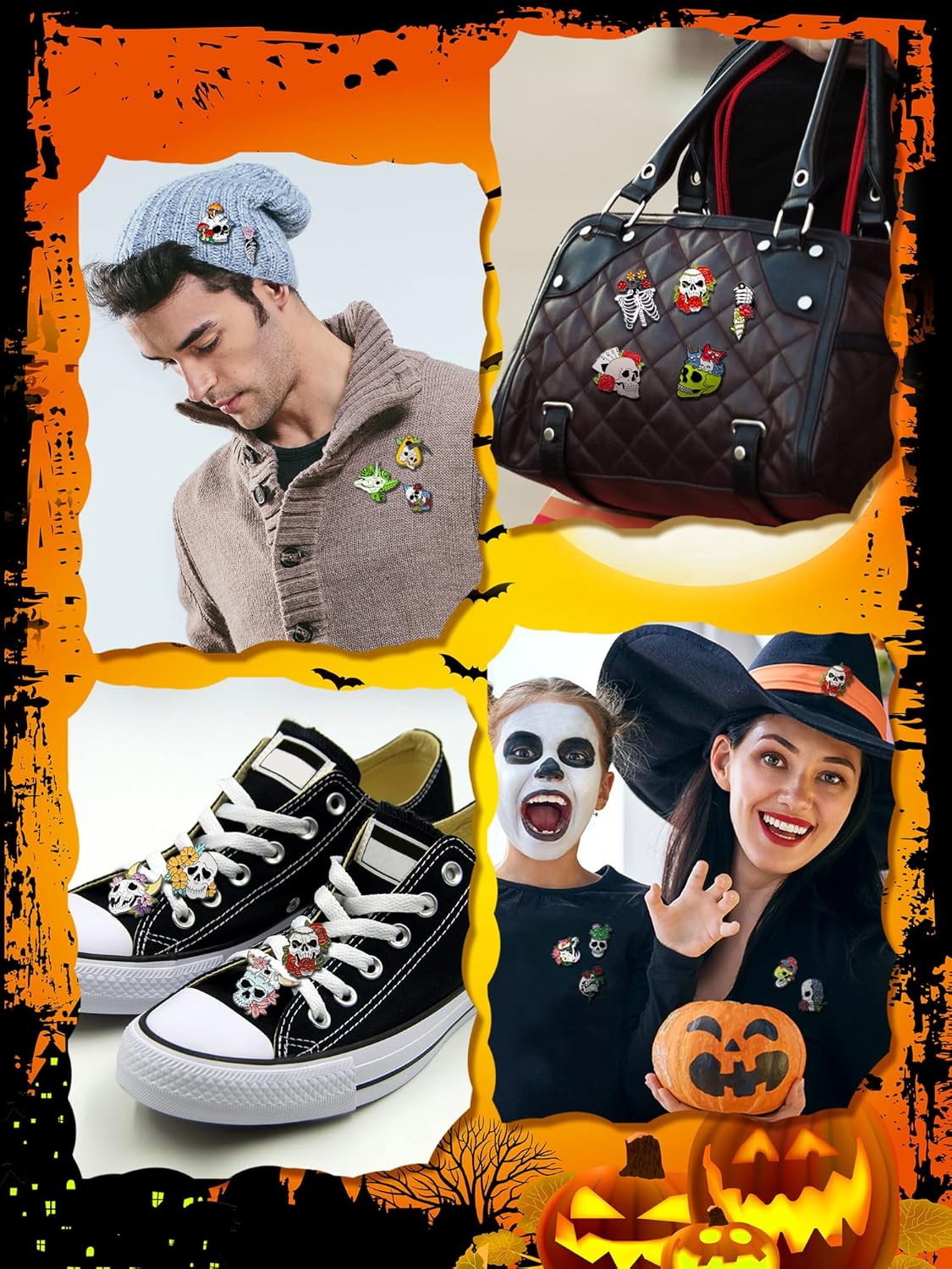 BBTO 20 Pieces Enamel Pins Skull Spooky Skeleton Enamel Pins Set Black Decorative Cartoon Goth Skull Horror Dark Brooch Cute Lapel Buttons for Jacket Backpack Hat Halloween