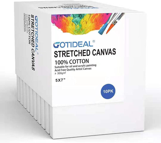 GOTIDEAL Stretched Canvas, 5x7 Inch Set of 10, Primed White - 100% Cotton Artist Canvas Boards for Painting, Acrylic Pouring, Oil Paint Dry & Wet Art Media