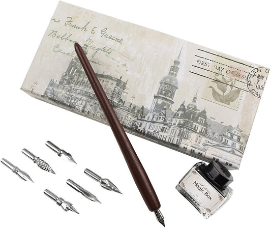 FEATTY Dip Pen for Drawing with ink - Antique Wooden Calligraphy Kits for beginners with 6 Replaceable Nibs
