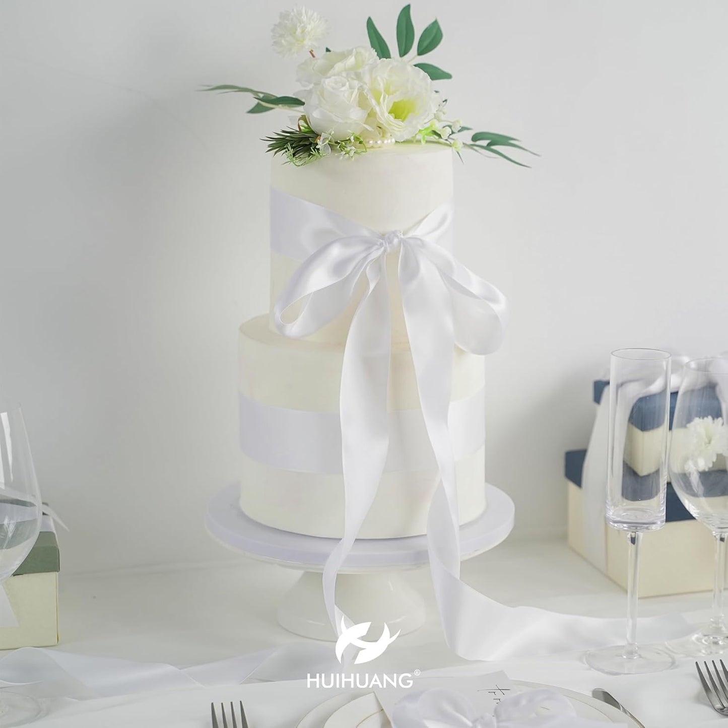 HUIHUANG White Satin Ribbon 2 inch Wide Double Side White Silk Fabric Ribbon for Crafts, Bows Making, Flower Bouquet Wrap, Gift Wrapping, Wedding Bridal Shower Decor, Home Decor -25 Yards/Roll