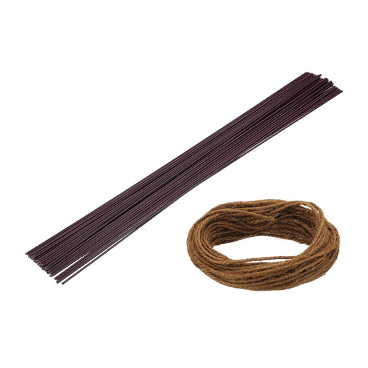 uxcell 50Pcs 2 Gauge Floral Wire, 15.75" Length Flower Stem Wires with 0.08" x 32.8ft Twine for Wreath Making, Flower Arrangement, Brown