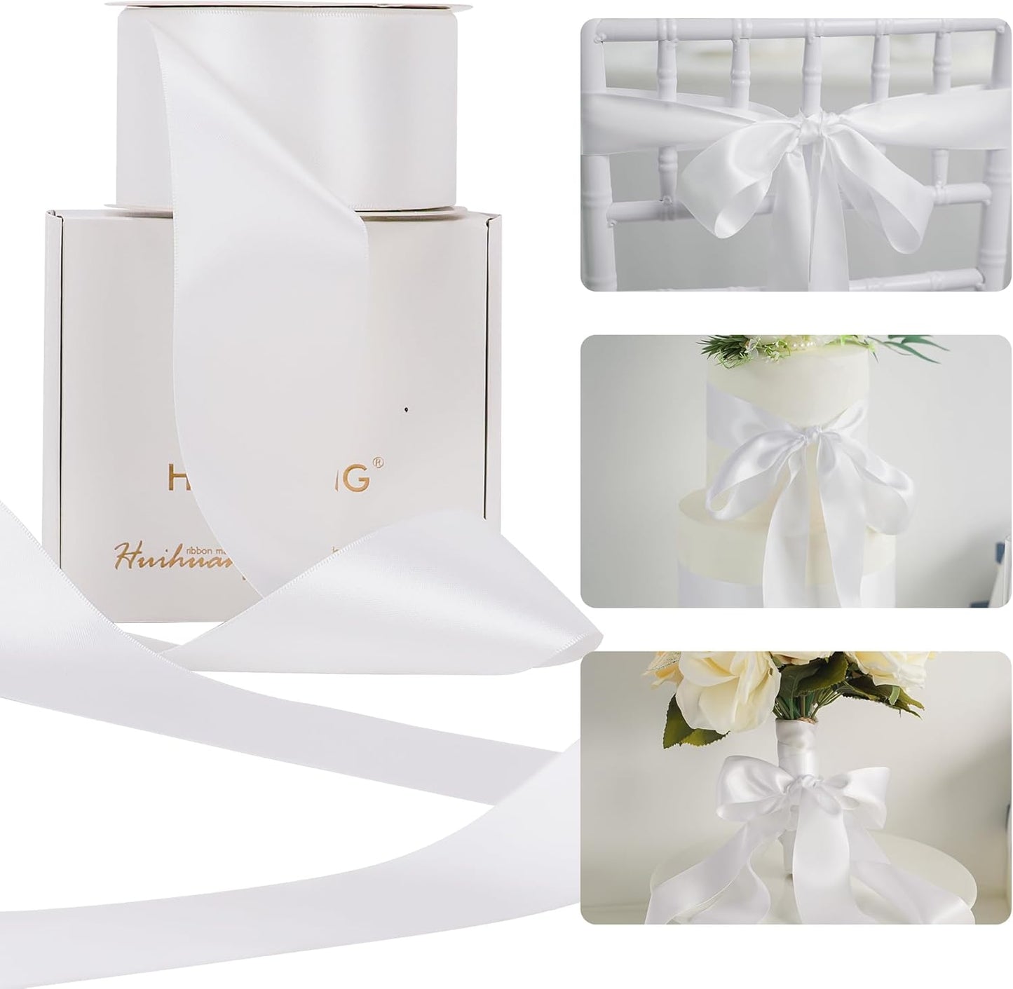 HUIHUANG White Satin Ribbon 2 inch Wide Double Side White Silk Fabric Ribbon for Crafts, Bows Making, Flower Bouquet Wrap, Gift Wrapping, Wedding Bridal Shower Decor, Home Decor -25 Yards/Roll