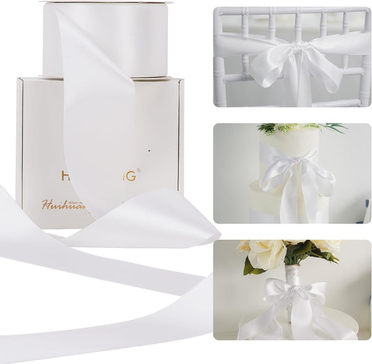 HUIHUANG White Satin Ribbon 2 inch Wide Double Side White Silk Fabric Ribbon for Crafts, Bows Making, Flower Bouquet Wrap, Gift Wrapping, Wedding Bridal Shower Decor, Home Decor -25 Yards/Roll