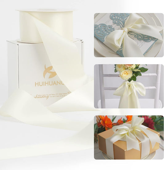 HUIHUANG White Ribbon 2 inch Wide Antique White Double-Faced Satin Ribbon for Flower Arrangements Supplies Wedding Bridal Shower Decor Invitations Crafts Bows Gift Wrapping, Basket - 25 Yards/Roll