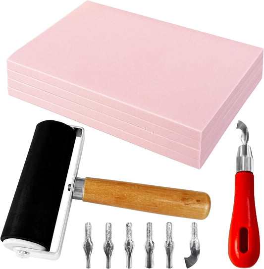 4 Pack Rubber Block Stamp Carving Blocks,Rubber Carving Linoleum Blocks with Cutter Tools,Rubber Brayer Roller for Stamp Maker,Printmaking and More Crafts