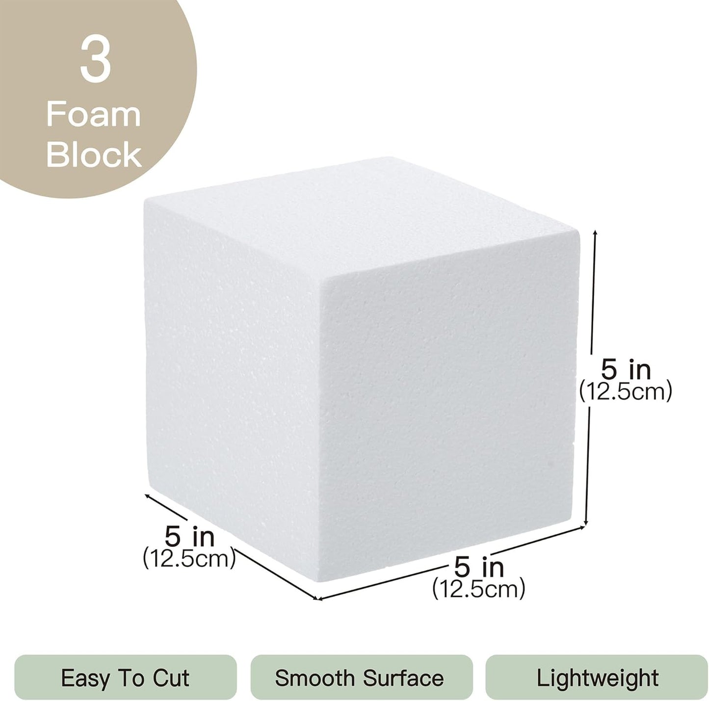 Crafare 3 Pack Craft Foam Blocks 5x5x5 Inch Polystyrene Square Foam Cubes for Arts School Projects Sculptures Floral Arrangements Modeling and Centerpieces