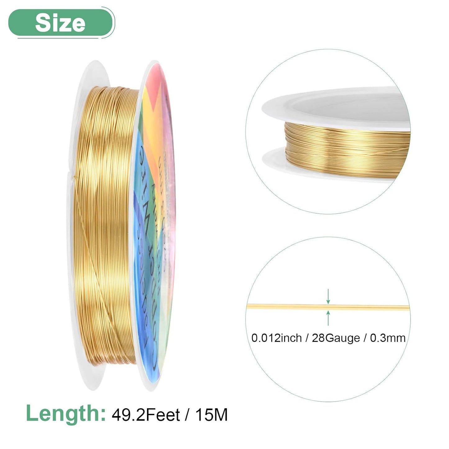 0.3 mm/28 Gauge Copper Wire for Jewelry Making, 49.2FT Copper Beading Craft Wire for Jewelry/Weaving/DIY Crafting/Planting, Color-Retaining [15M, KC-Gold]