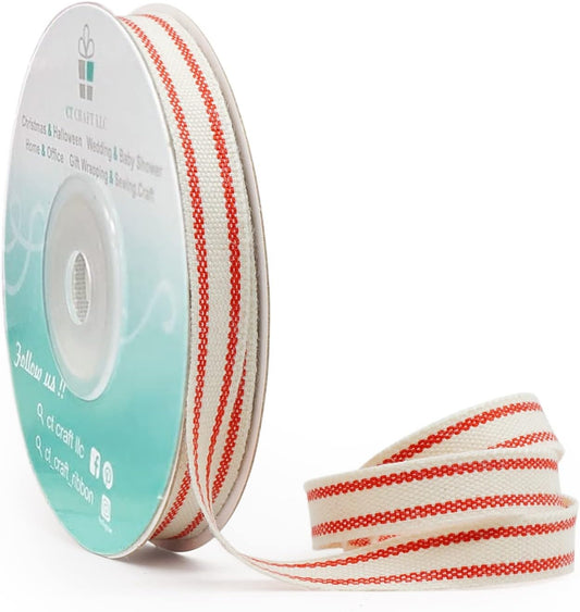 CT CRAFT LLC Ivory Cotton Red Stripes Ribbon 3/8" x 10 Yards for Home Décor Gift Present Wrapping DIY Crafts Birthday Wedding Bouquet Christmas