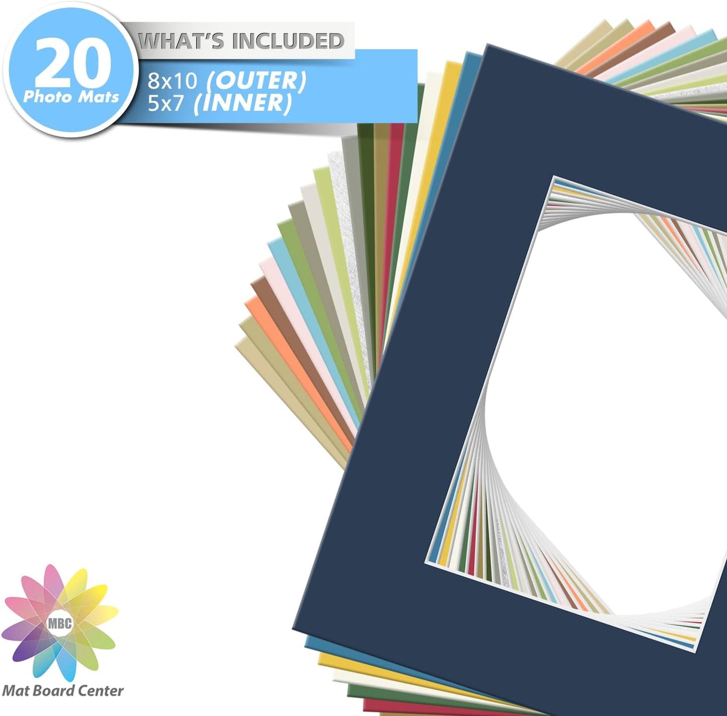 Mat Board Center, Pack of 20, 8x10 Mixed Colors White Core Picture Mats Mattes Matting for 5x7 Photo
