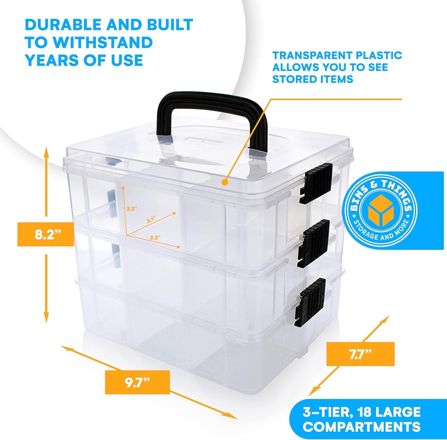Bins & Things Clear 3-Tier Stackable Storage Containers with Lids - 18 Adjustable Compartments for Bead - Organizing Drawers for Jewelry, Kids Toys, Makeup