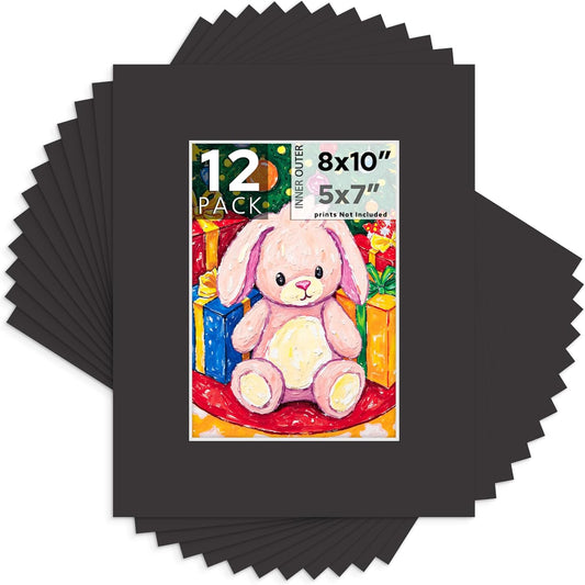 Mat Board Center, 8X10 Black Mats for 5X7 Pictures - Acid Free, 4-Ply Thickness, White Core, Bevel Cut - for Artworks, Photos, Framing - Pack of 12