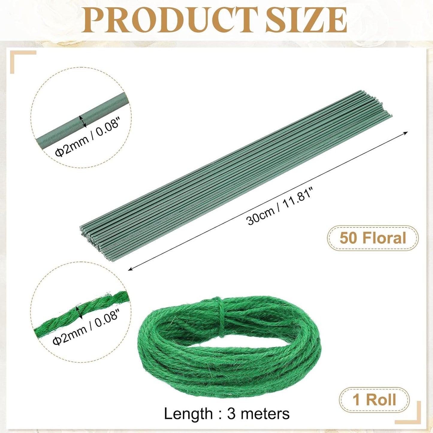 uxcell 50Pcs 2 Gauge Floral Wire, 11.81" Length Flower Stem Wires with 0.08" x 32.8ft Twine for Wreath Making, Flower Arrangement, Green