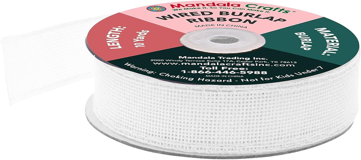 Mandala Crafts White Burlap Wired Ribbon 1 Inches Wide Jute Ribbons for Crafts - 10 Yds Roll Rustic Burlap Wrap Trim Ribbons for Wreaths Bows Party Decoration