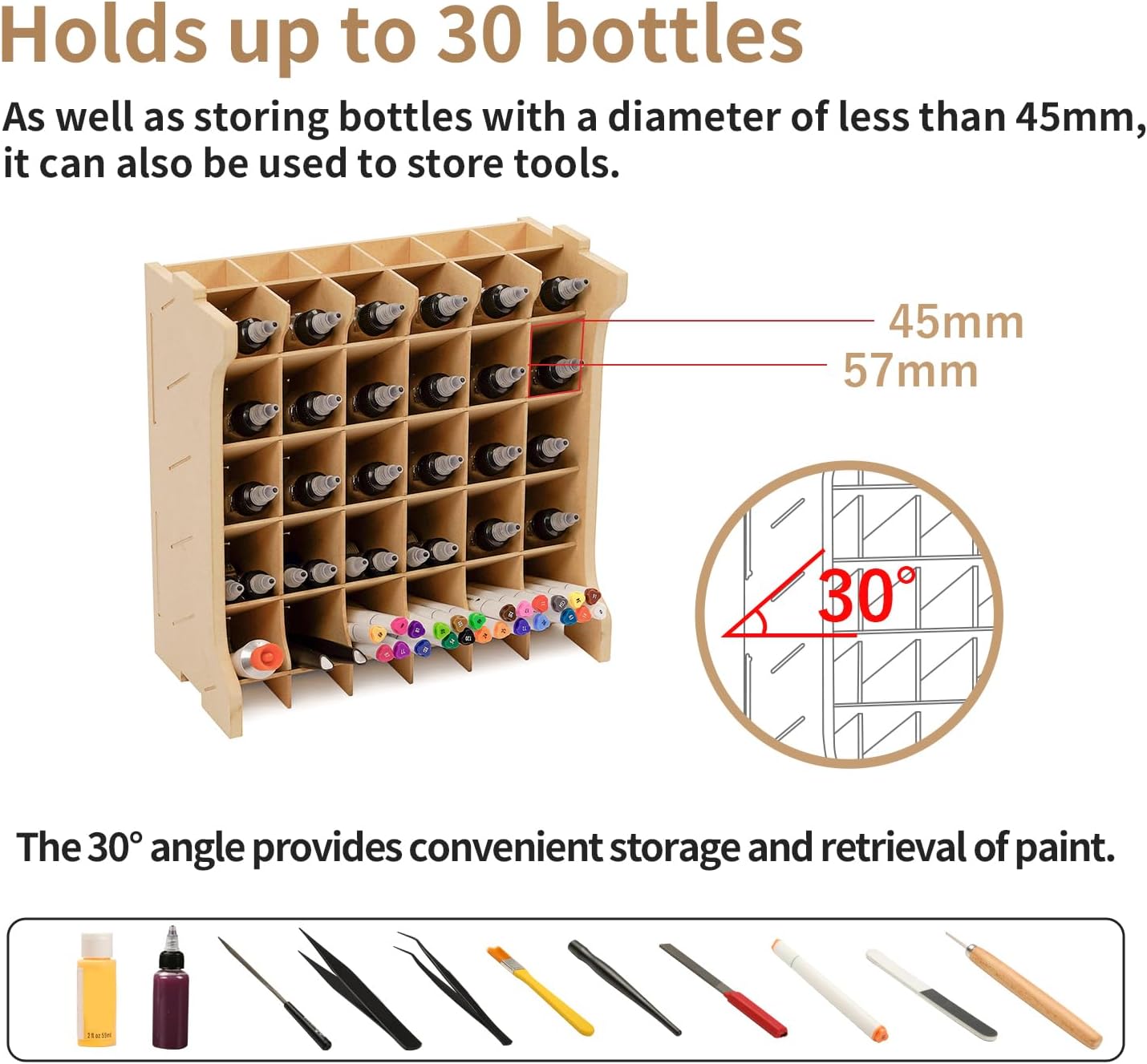 Paint Rack Organizer for 30 Bottles, Craft Supplies Storage, MDF Material, Tools Storage Suitable for Tamiya Paints, Miniature Model Paint Set GK9