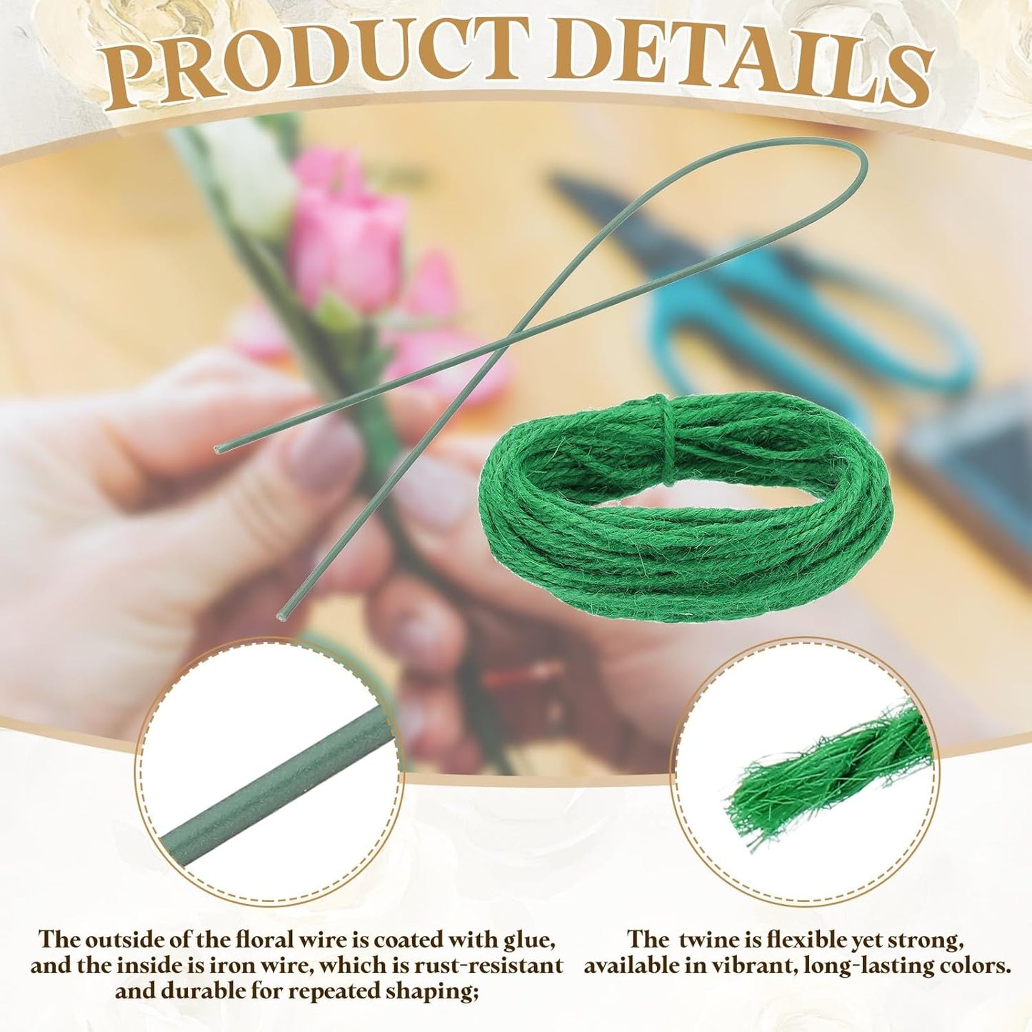 uxcell 50Pcs 2 Gauge Floral Wire, 11.81" Length Flower Stem Wires with 0.08" x 32.8ft Twine for Wreath Making, Flower Arrangement, Green