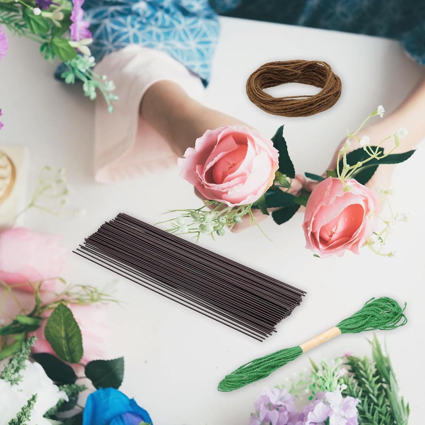 uxcell 100Pcs 2 Gauge Floral Wire, 15.75" Length Flower Stem Wires with 0.08" x 32.8ft Twine for Wreath Making, Flower Arrangement, Yellow