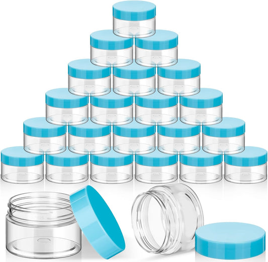 SATINIOR 24 Pieces Empty Clear Plastic Jars with Lids Round Storage Containers Wide Mouth for Beauty Product Cosmetic Cream Lotion Liquid Butter Craft and Food(Blue Lid,1 oz)