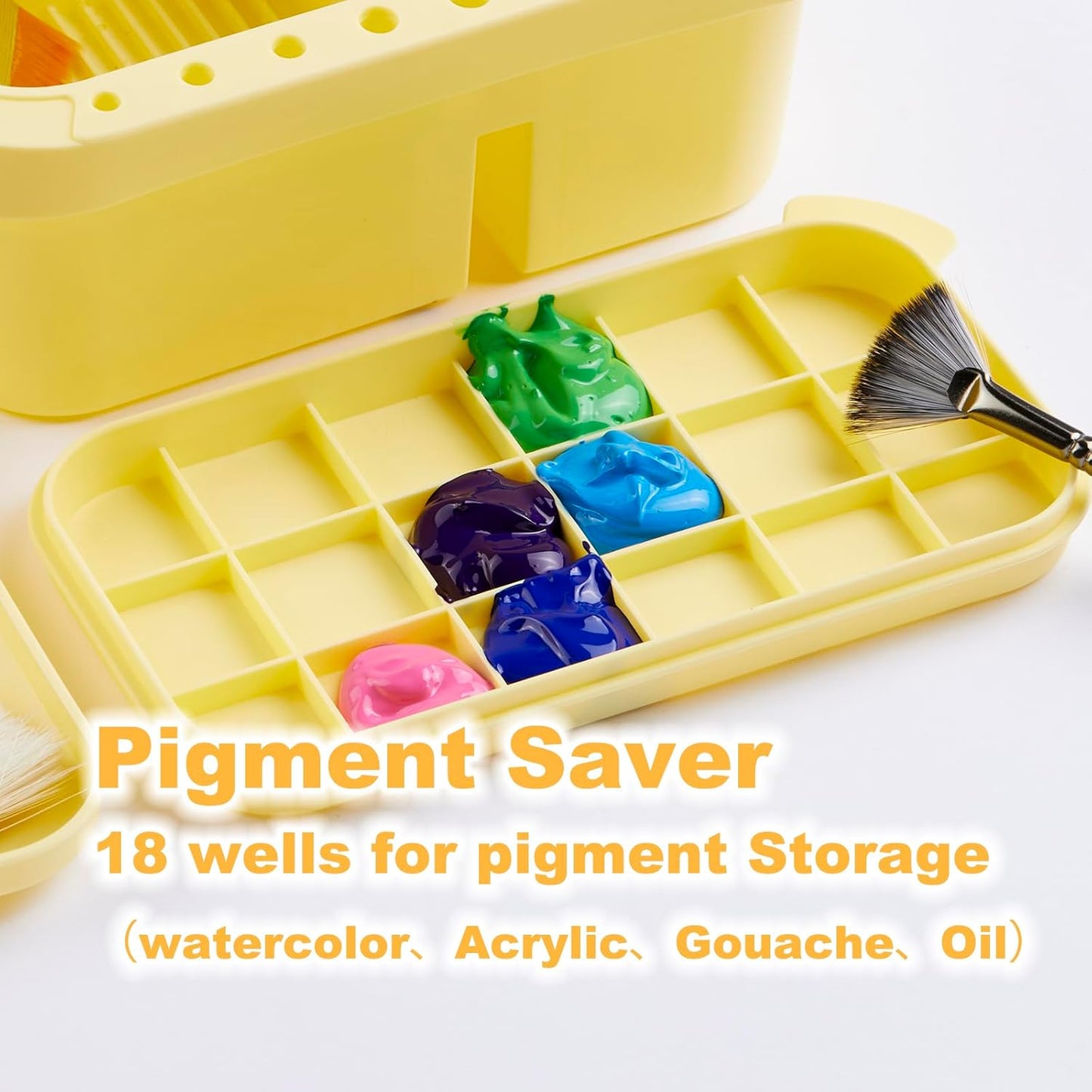 SEVENY Paint Brush Cleaner, Paint Brush Holder and Organizers with Palette for Acrylic, Watercolor, and Water-Based Paints (Yellow)
