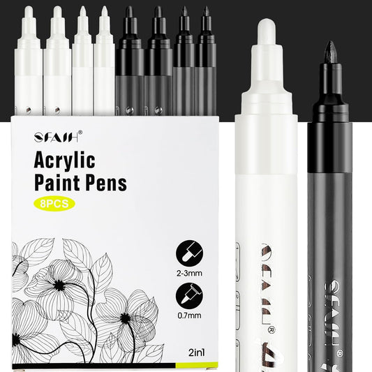 SFAIH Black & White Acrylic Paint Markers - 8 Pack 2-3MM Medium Tip & 0.7MM Extra Fine Paint Pens for Rock Painting, Wood, Metal, Fabric, Plastic, Canvas, Glass, Ceramic, Diy Crafts