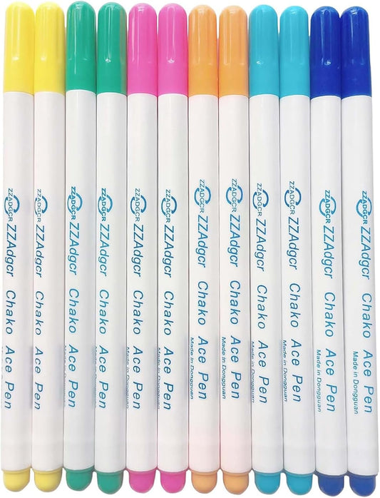 12 pcs Water-Erasable Fabric Pen Set - 6 Colors for Sewing, Embroidery & DIY Tracing