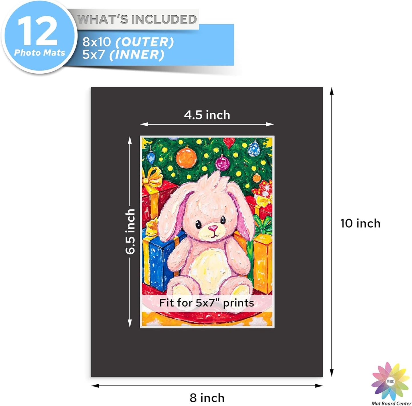 Mat Board Center, 8X10 Black Mats for 5X7 Pictures - Acid Free, 4-Ply Thickness, White Core, Bevel Cut - for Artworks, Photos, Framing - Pack of 12