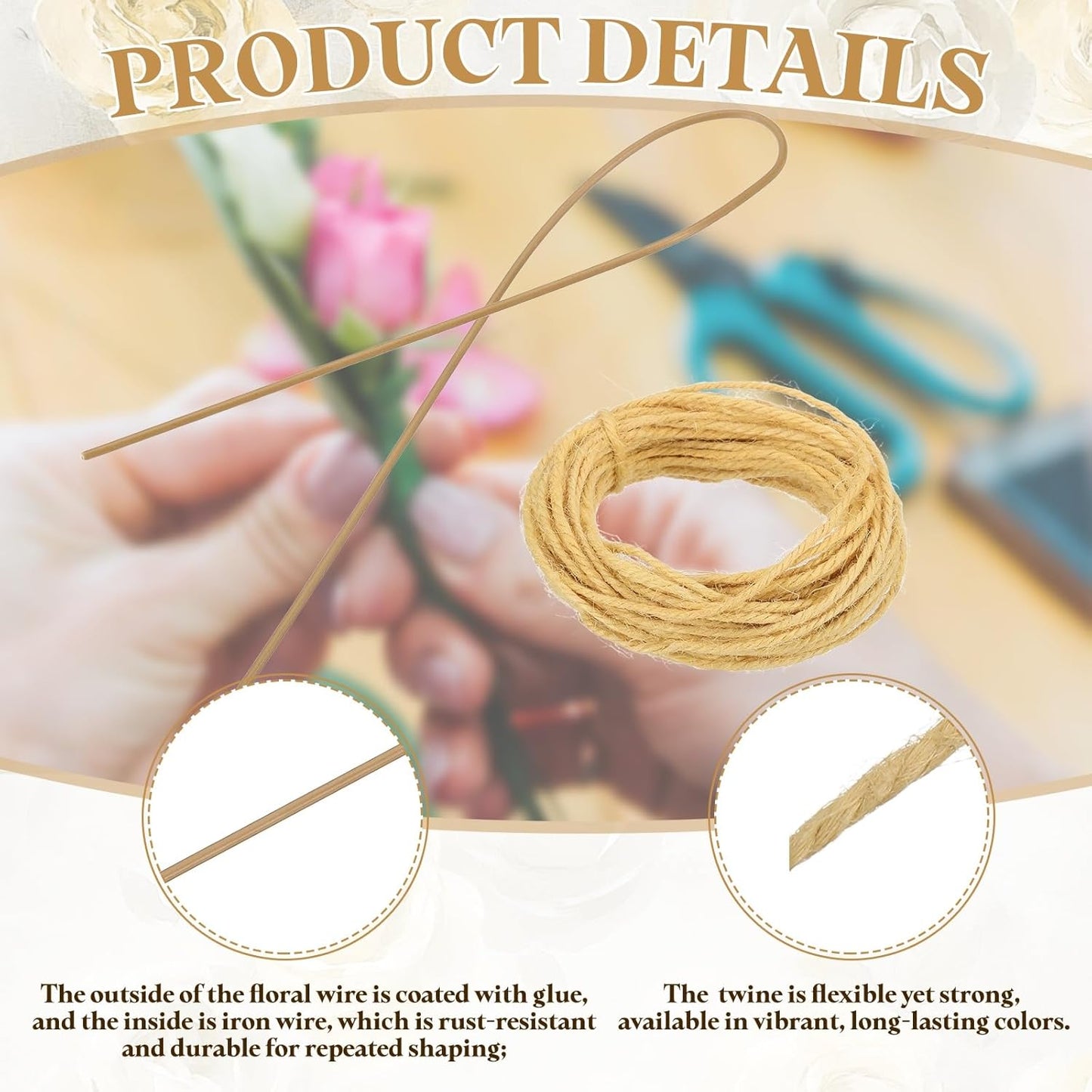 uxcell 50Pcs 2 Gauge Floral Wire, 11.81" Length Flower Stem Wires with 0.08" x 32.8ft Twine for Wreath Making, Flower Arrangement, Yellow