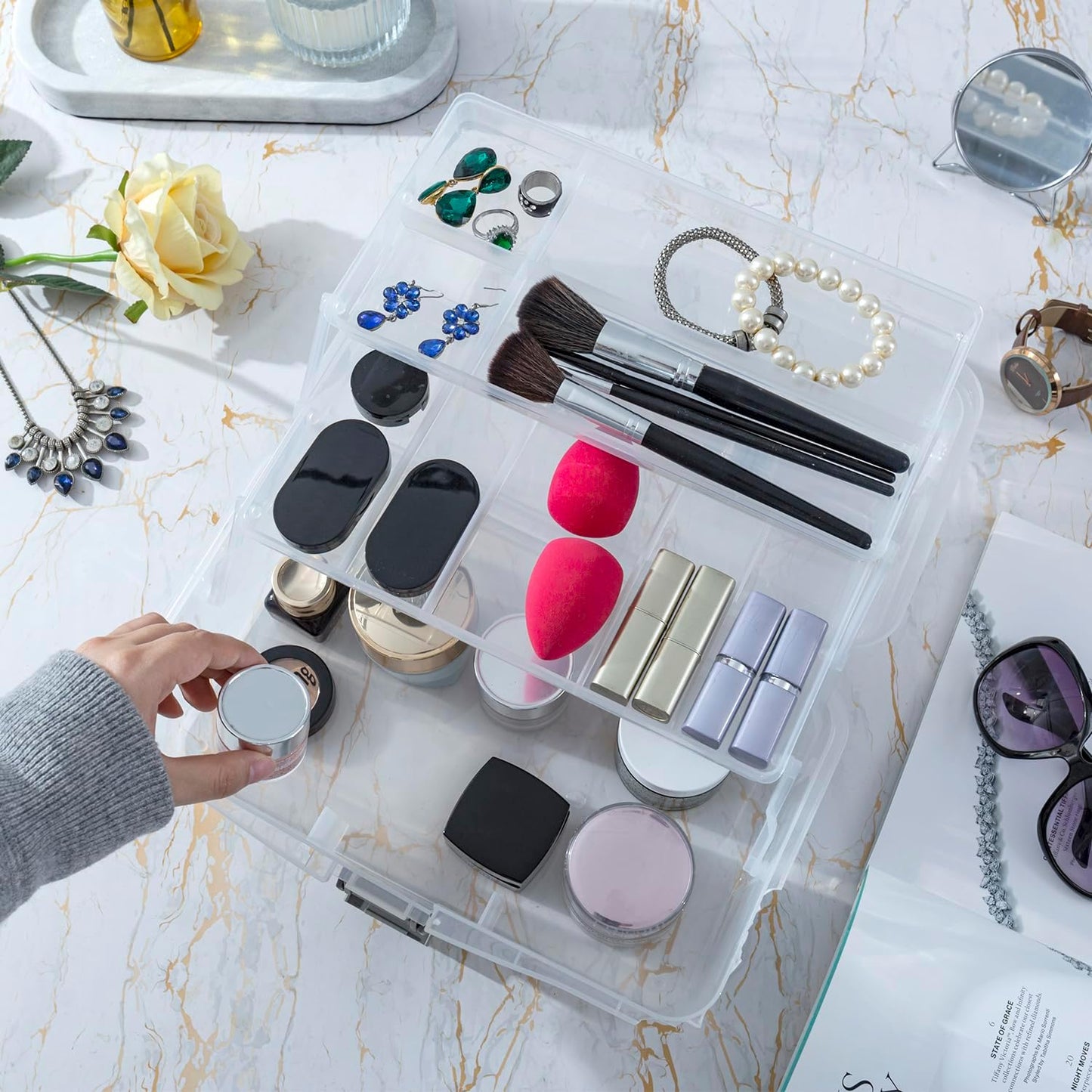 MyGift 13 Inch Transparent Plastic Empty Multipurpose Storage Box with Gray Handle, Latching Lid and 2 Expandable Trays for Tools, First Aid, Sewing Kit, Arts Crafts Supplies