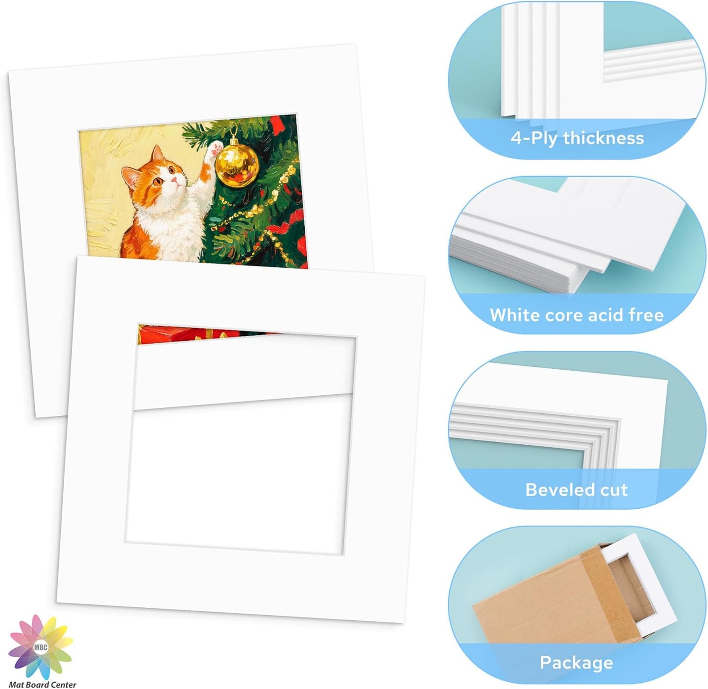 Mat Board Center, 12x12 White Mats for 8x8 Pictures - Acid Free, 4-ply Thickness, White Core, Bevel Cut - for Artworks, Photos, Framing - Pack of 12