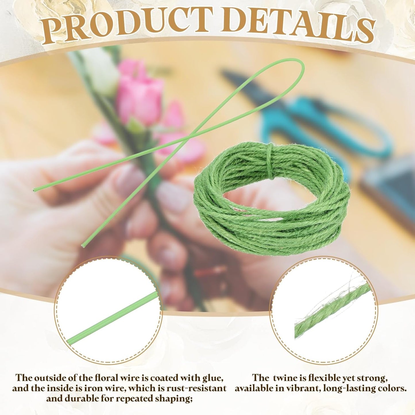 uxcell 100Pcs 2 Gauge Floral Wire, 15.75" Length Flower Stem Wires with 0.08" x 32.8ft Twine for Wreath Making, Flower Arrangement, Light Green