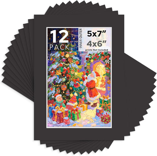 Mat Board Center, 5X7 Black Mats for 4X6 Pictures - Acid Free, 4-Ply Thickness, White Core, Bevel Cut - for Artworks, Photos, Framing - Pack of 12
