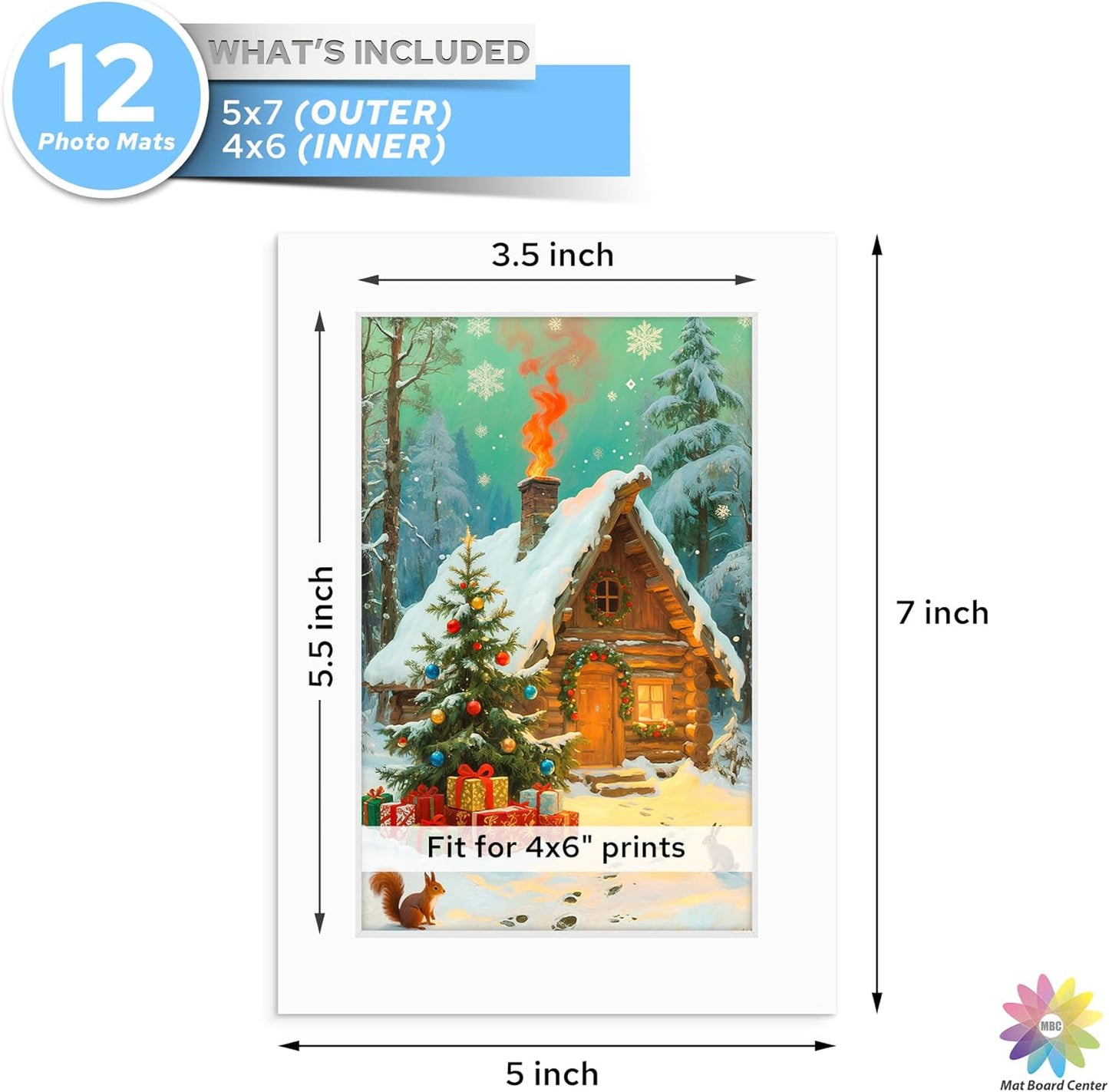 Mat Board Center, 5x7 White Mats for 4x6 Pictures - Acid Free, 4-ply Thickness, White Core, Bevel Cut - for Artworks, Photos, Framing - Pack of 12