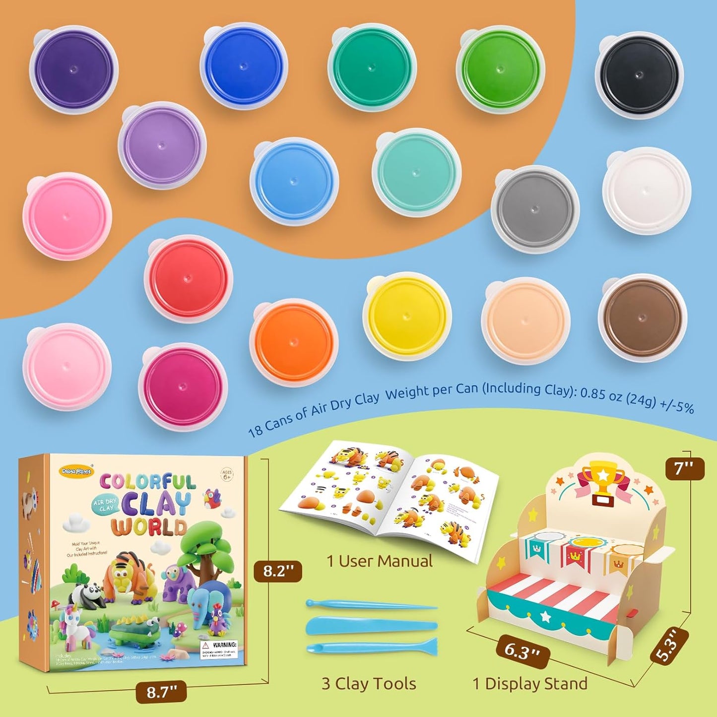 Drama Planet Air Dry Clay Kit for Kids - Comes with Instructional Guide Featuring 4 Scenes & 26 Projects Tutorials, 18 Cans of Modeling Clay, Includes Display Stand, Gift for Girls and Boys