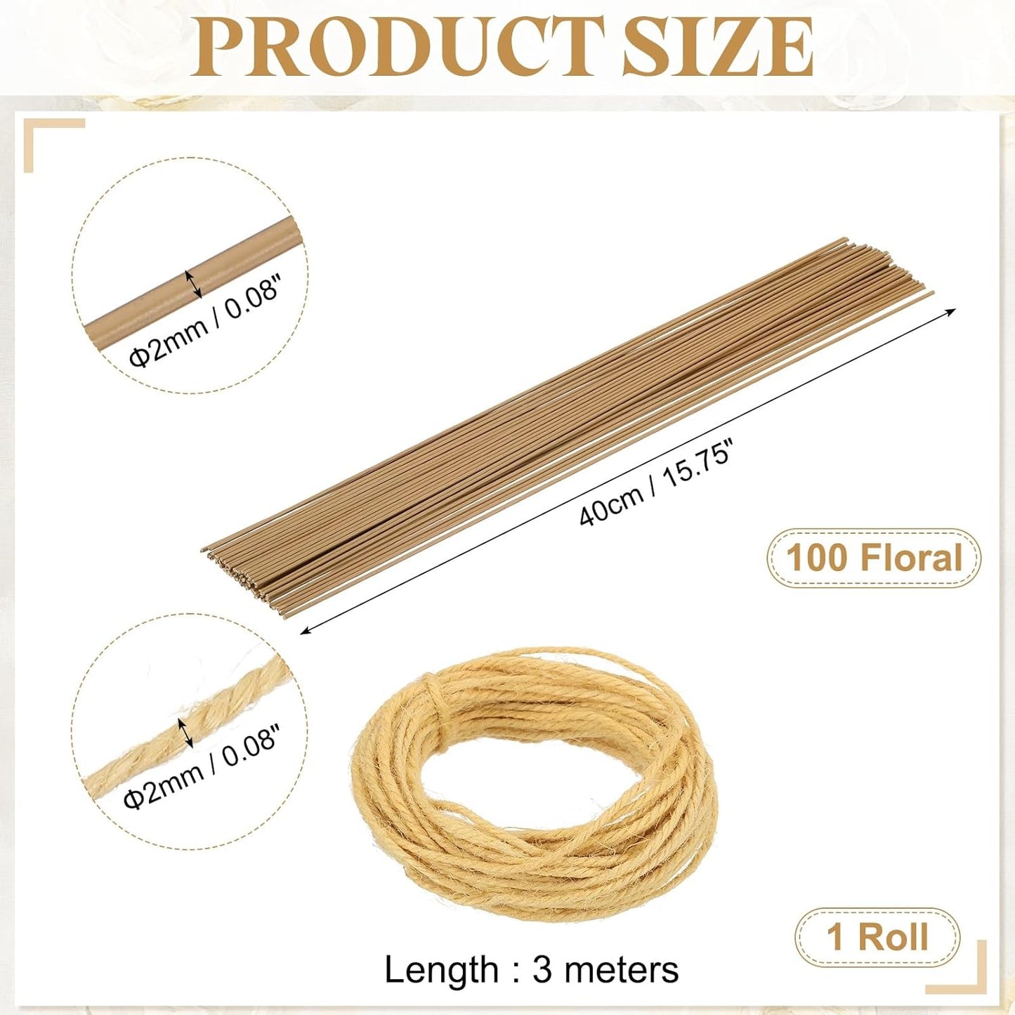 uxcell 100Pcs 2 Gauge Floral Wire, 15.75" Length Flower Stem Wires with 0.08" x 32.8ft Twine for Wreath Making, Flower Arrangement, Yellow