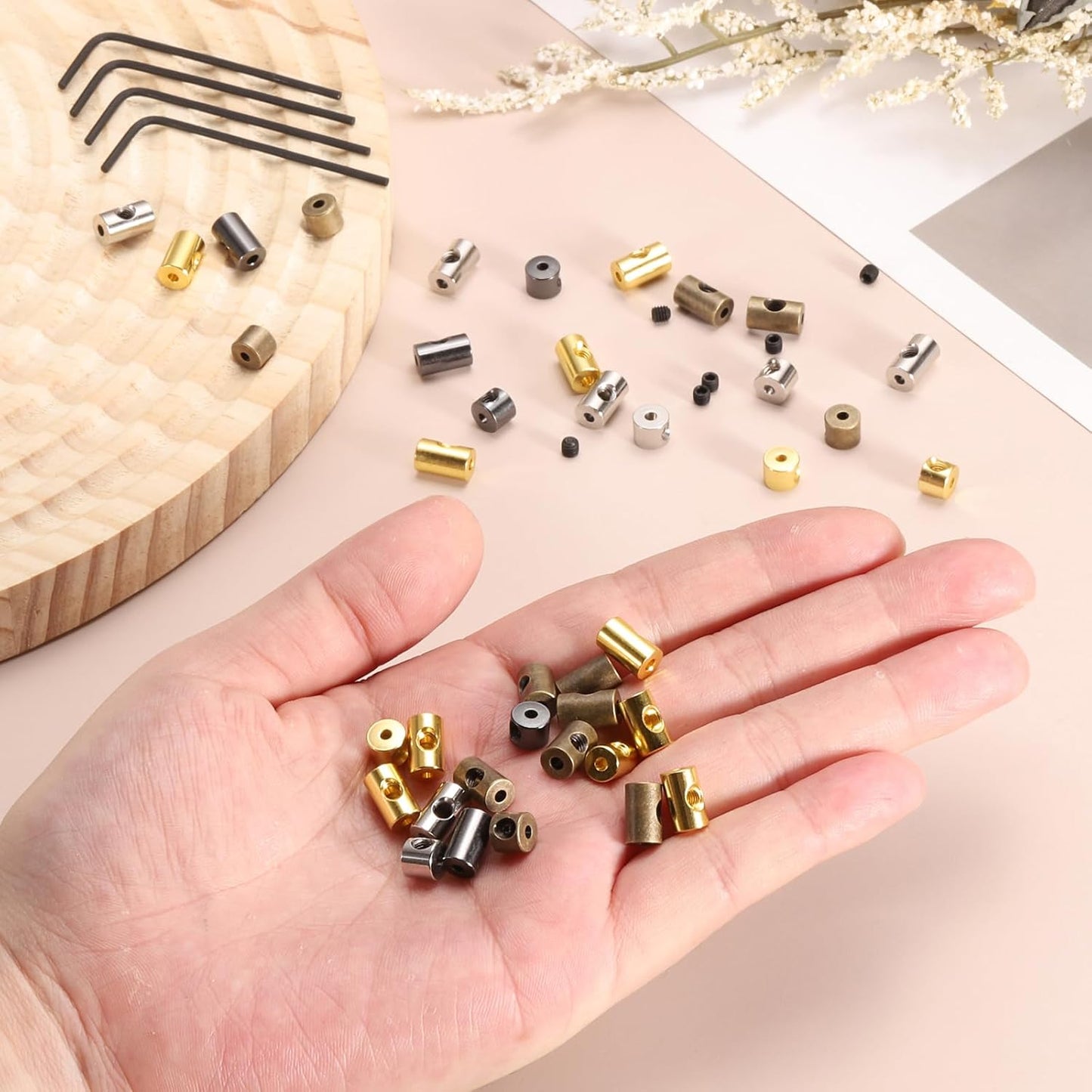 MECCANIXITY 50 Pcs Metal Locking Pin Backs, Locking Pin Keepers Clasp 9mm(H) with 4 Wrench Replacement in Storage Case for Badge, Brooch, Copper Tone