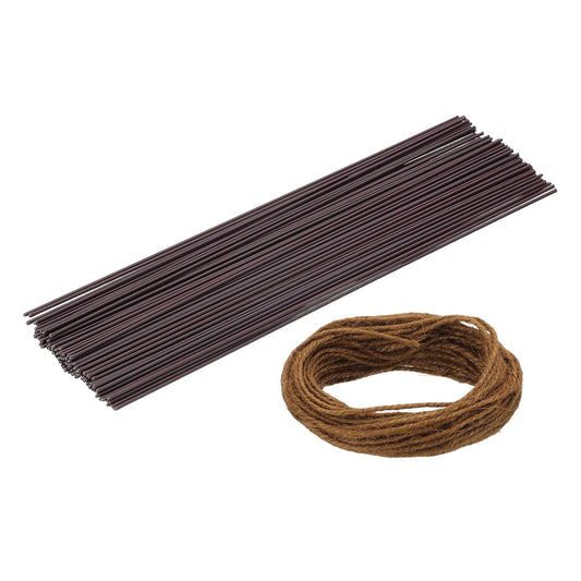 uxcell 100Pcs 2 Gauge Floral Wire, 11.81" Length Flower Stem Wires with 0.08" x 32.8ft Twine for Wreath Making, Flower Arrangement, Brown