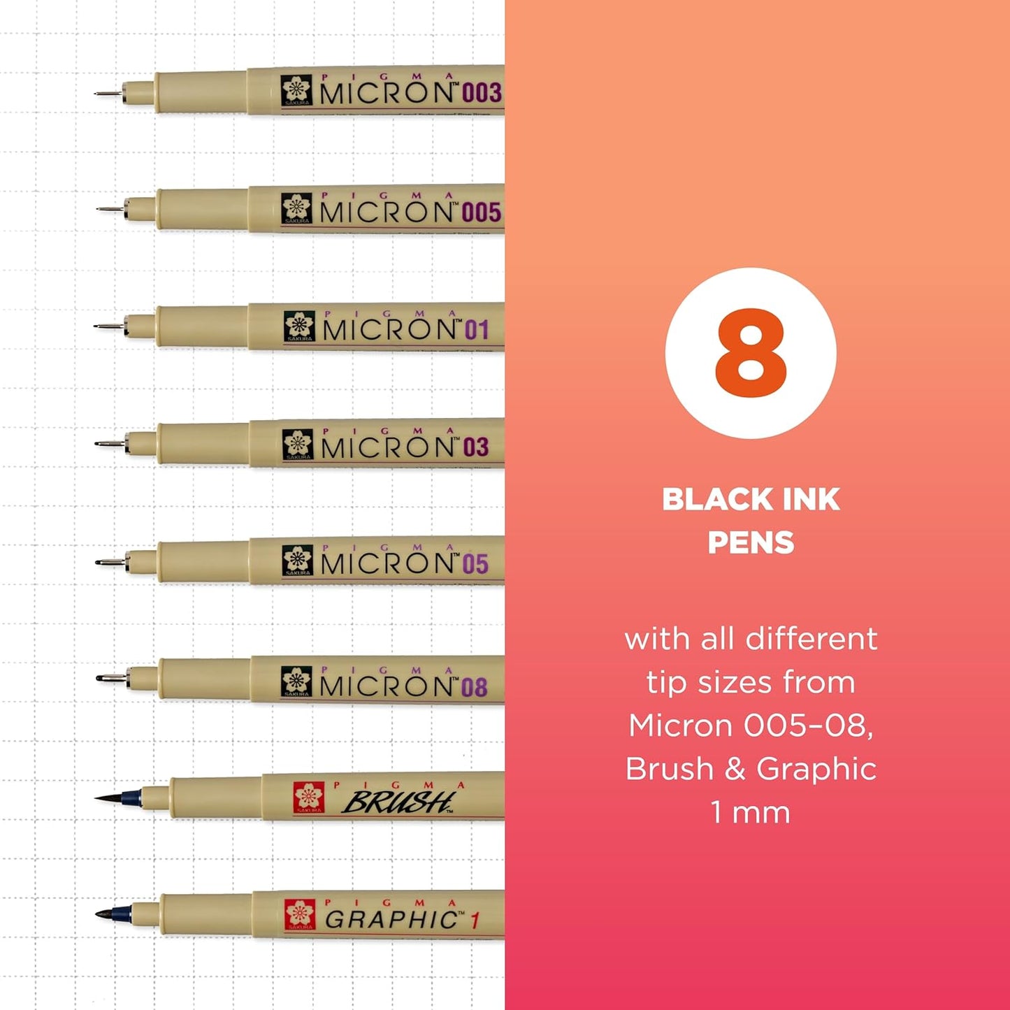 SAKURA Pigma Micron Fineliner Pens - Archival Black Ink Pens - for Writing or Drawing for Artists, Crafters & DIY Gifts Projects - Assorted Point Sizes - 8 Count