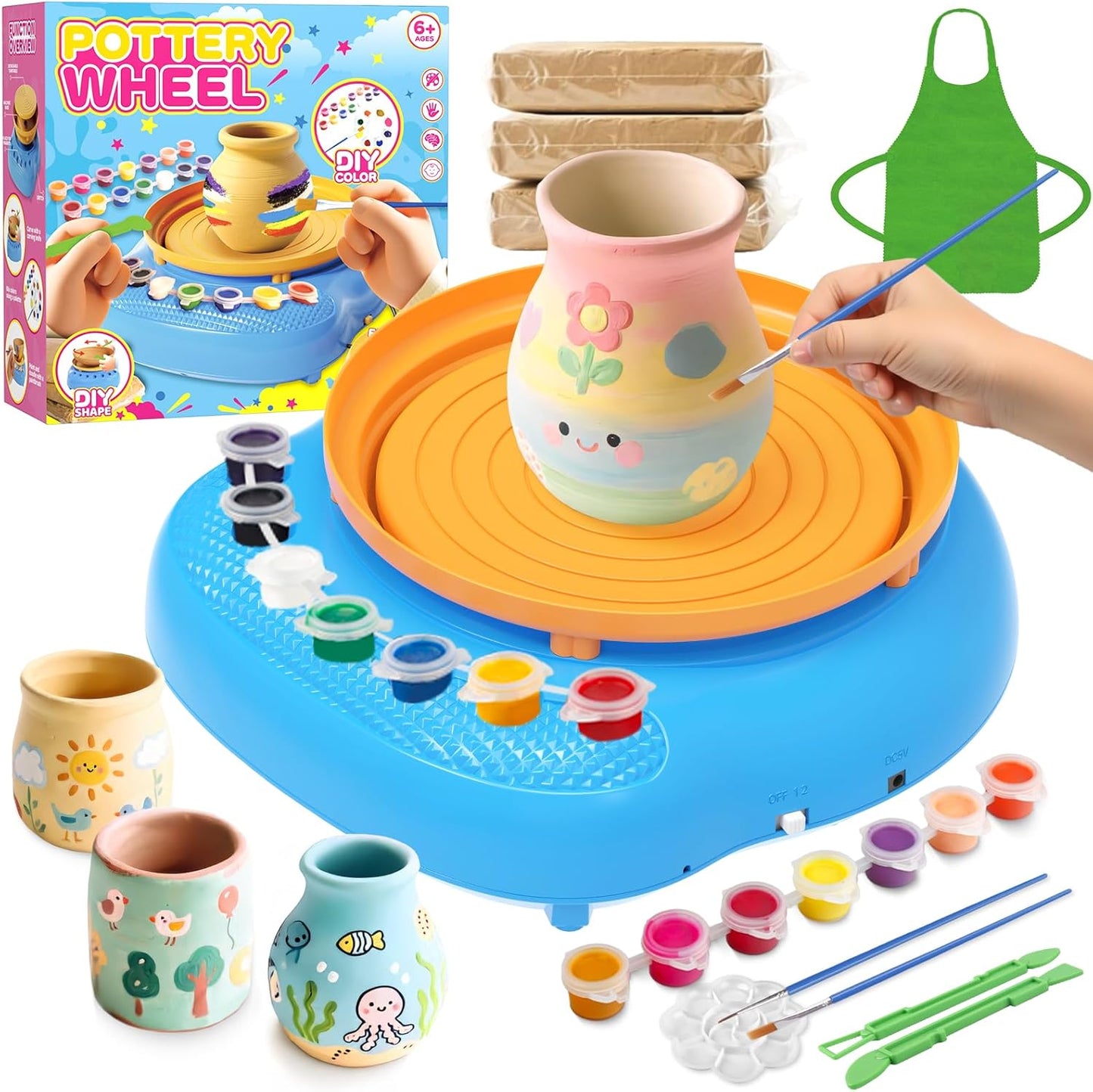 Pottery Wheel for Kids– Complete DIY Pottery Painting Kit for Ages 8-12 Beginners with 4 Air-Dry Clay Packs and Tools, Arts & Crafts Supplies Toys Birthday Gift for Boys Girls 6+ Years Old (Blue)