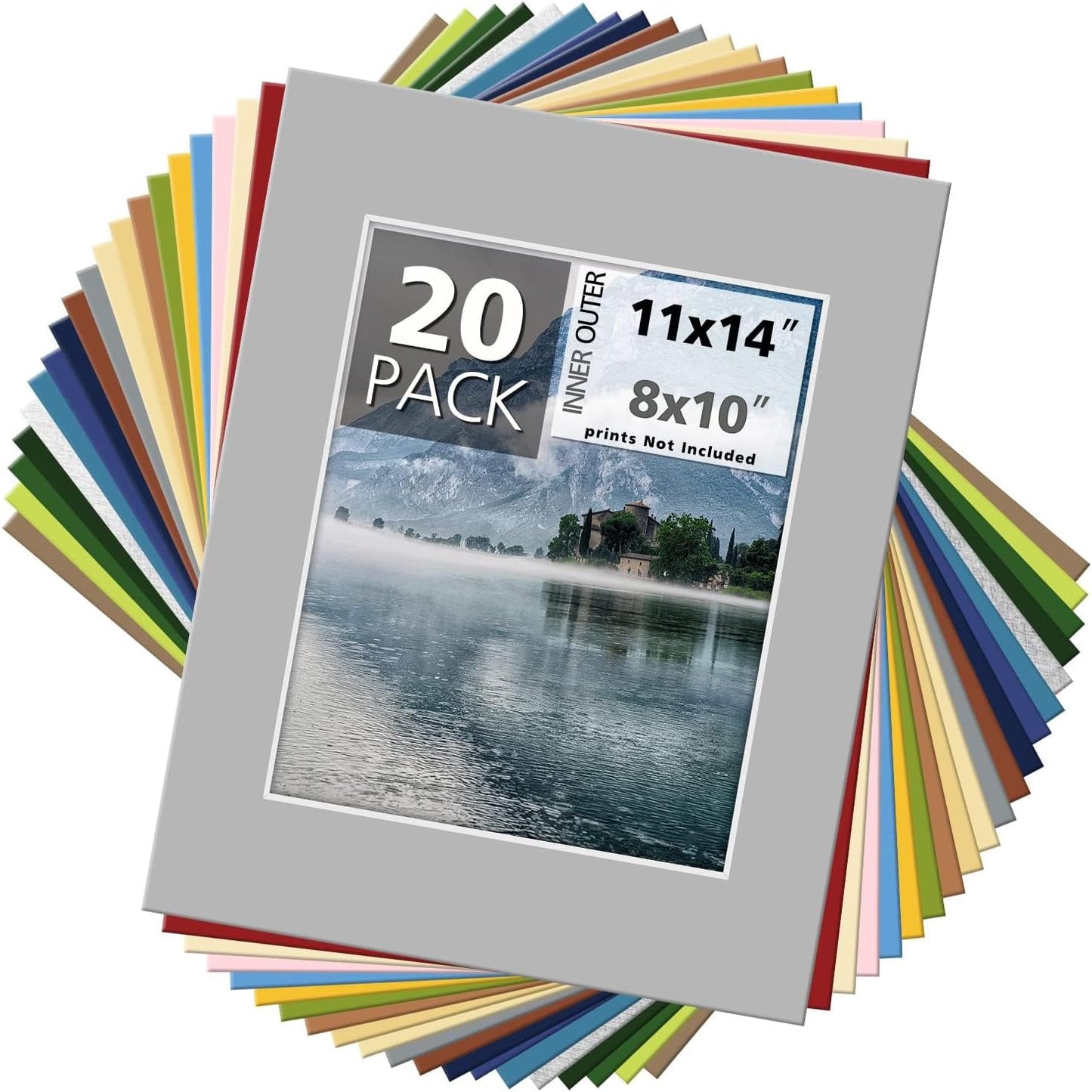 Mat Board Center, Pack of 20 11x14 MIXED COLORS White Core Picture Mats for 8x10 Photos pictures and prints.