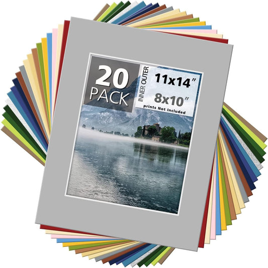 Mat Board Center, Pack of 20 11x14 MIXED COLORS White Core Picture Mats for 8x10 Photos pictures and prints.