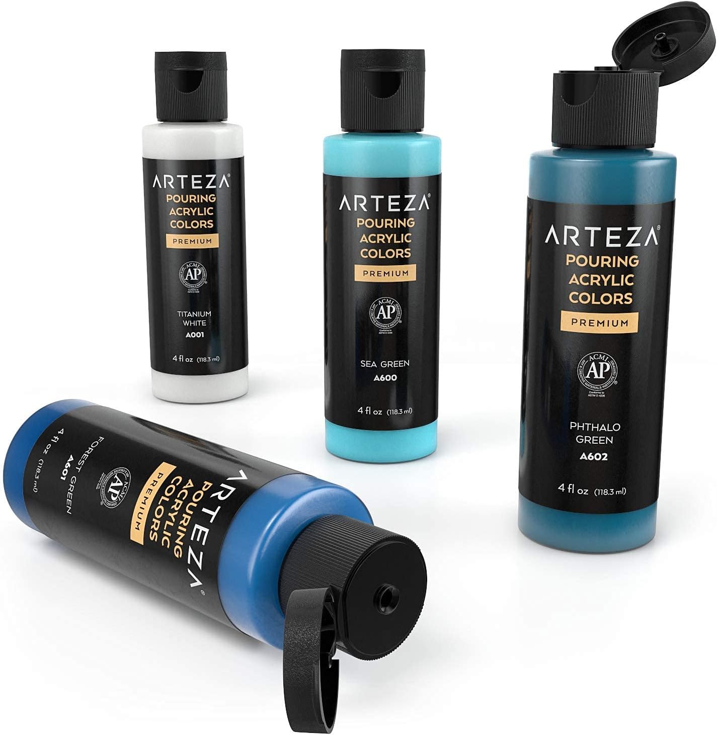 ARTEZA Acrylic Pouring Paint Set of 4 Colors, 4 ounce Bottles, Aqua Tones, High-Flow Acrylic Paint, Pouring Art Supplies Canvas, Glass, Paper, Wood