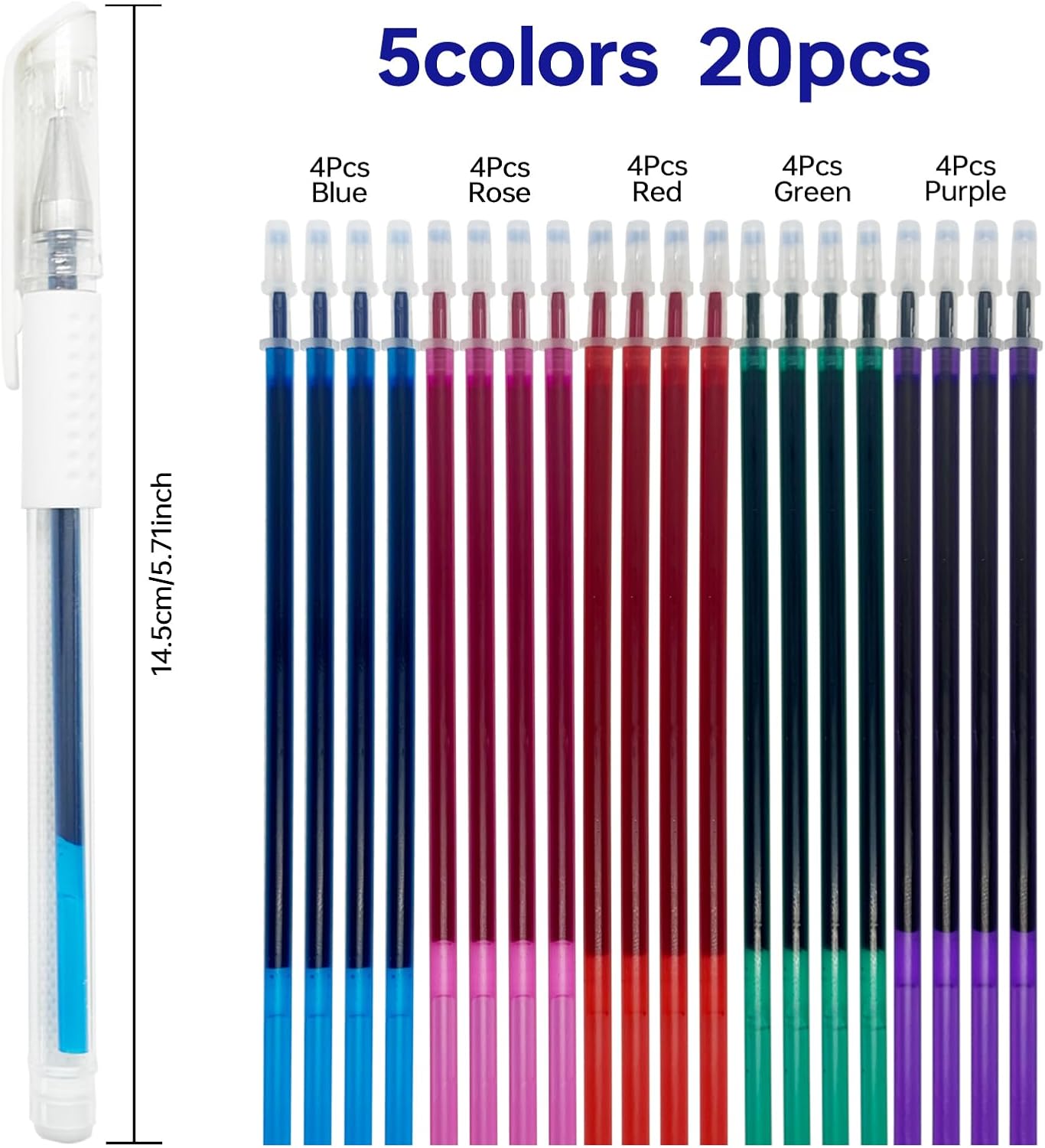 5 Colors Water Erasable Fabric Marking Pen with 20 Refills for Cross Stitch, Embroidery, Sewing, Quilting DIY (red,rose, blue, green, purple)