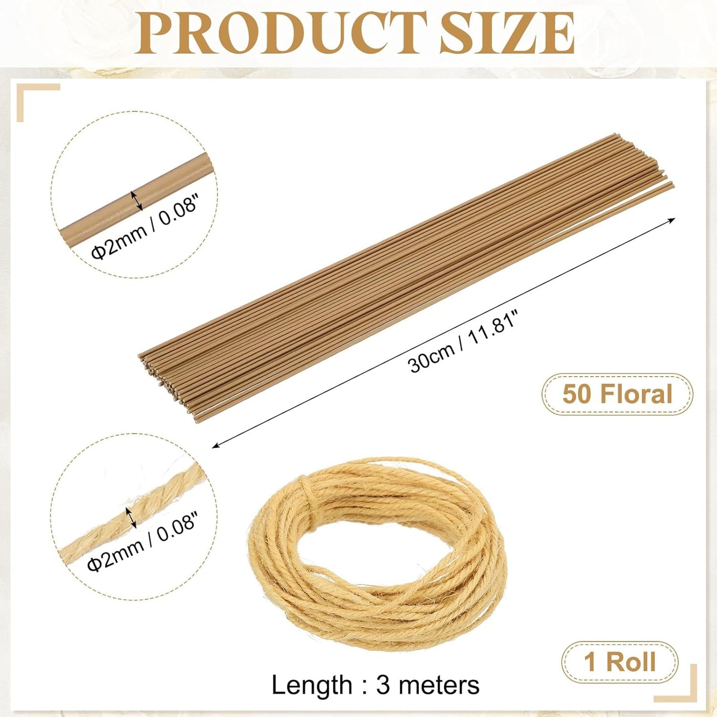 uxcell 50Pcs 2 Gauge Floral Wire, 11.81" Length Flower Stem Wires with 0.08" x 32.8ft Twine for Wreath Making, Flower Arrangement, Yellow