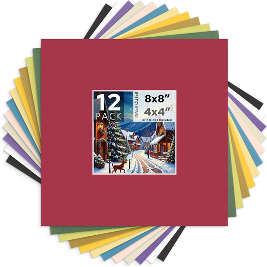 Mat Board Center, 8X8 Mix Color Mats for 4X4 Pictures - Acid Free, 4-Ply Thickness, White Core, Bevel Cut - for Artworks, Photos, Framing - Pack of 12