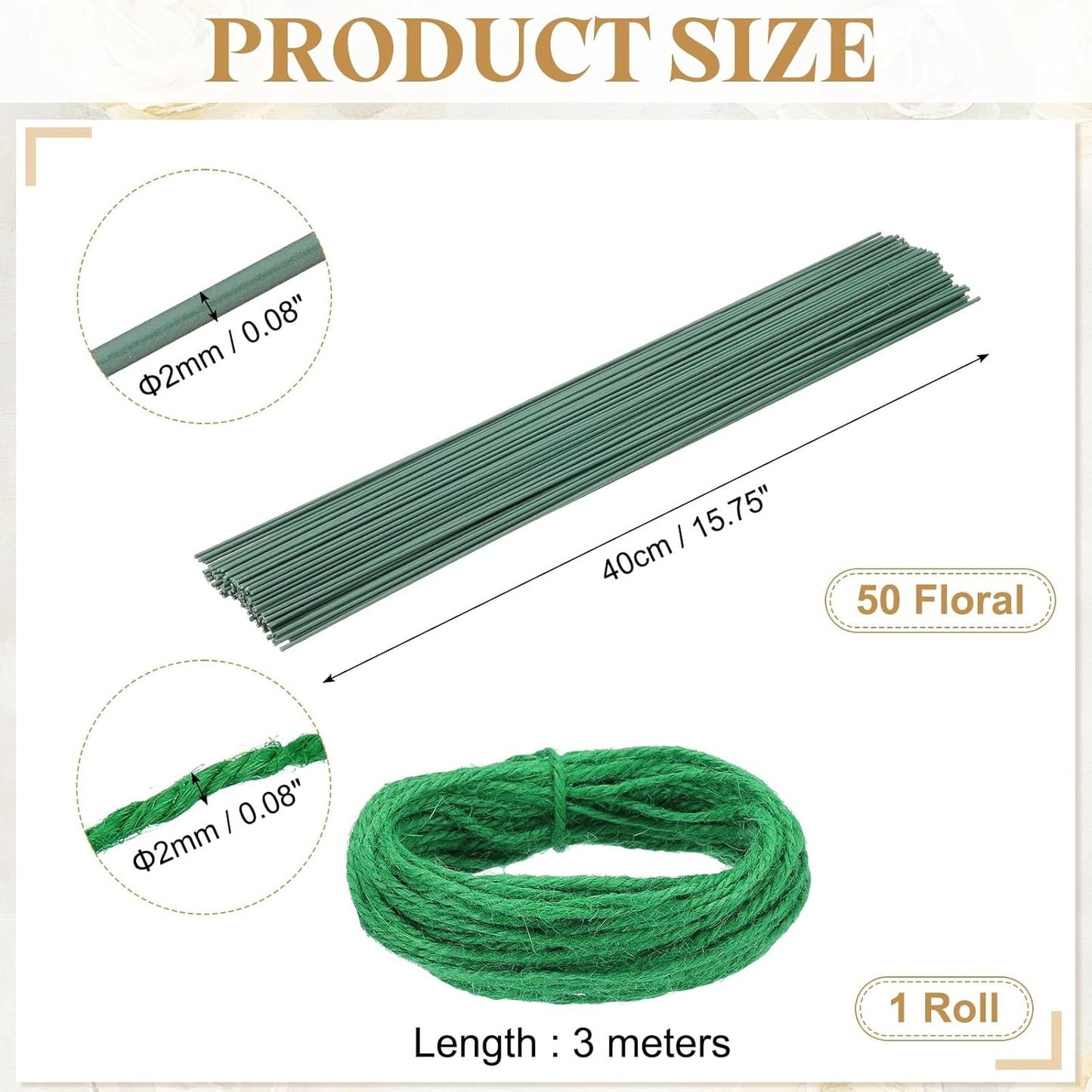 uxcell 50Pcs 2 Gauge Floral Wire, 15.75" Length Flower Stem Wires with 0.08" x 32.8ft Twine for Wreath Making, Flower Arrangement, Green