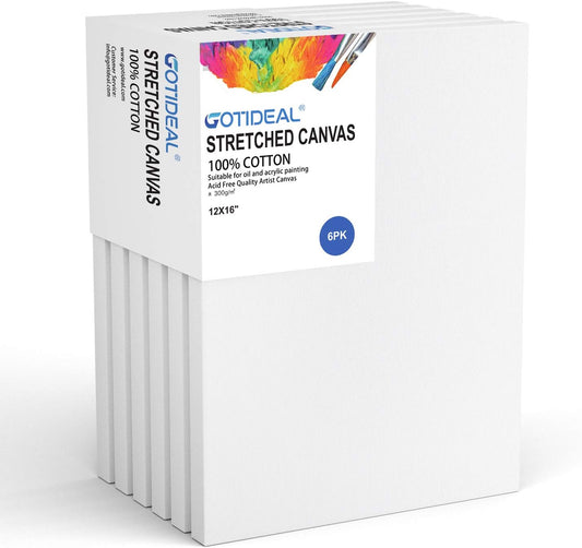 GOTIDEAL Stretched Canvas, 12x16 Inch Set of 6, Primed White - 100% Cotton Artist Canvas Boards for Painting, Acrylic Pouring, Oil Paint Dry & Wet Art Media