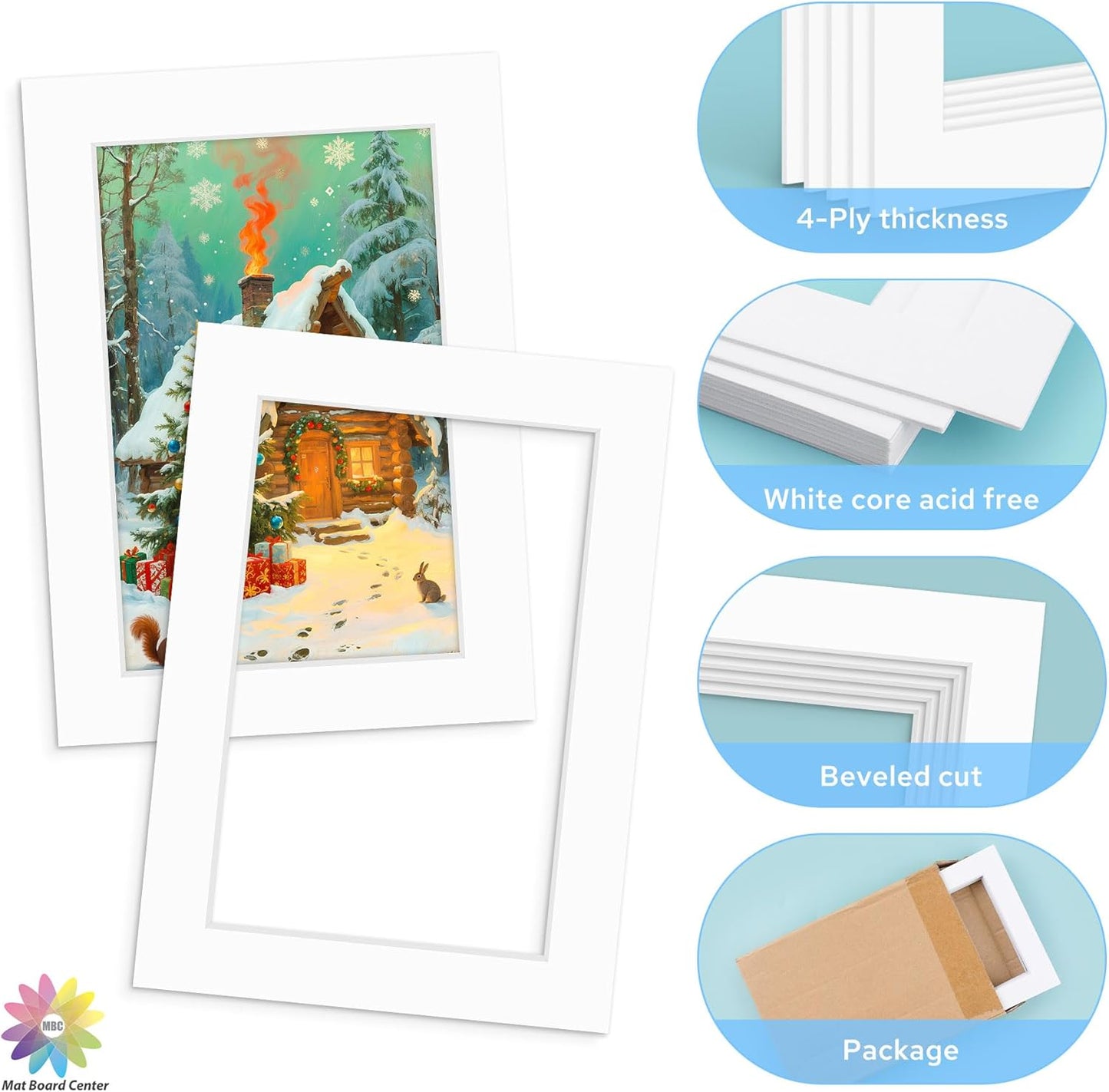 Mat Board Center, 5x7 White Mats for 4x6 Pictures - Acid Free, 4-ply Thickness, White Core, Bevel Cut - for Artworks, Photos, Framing - Pack of 12