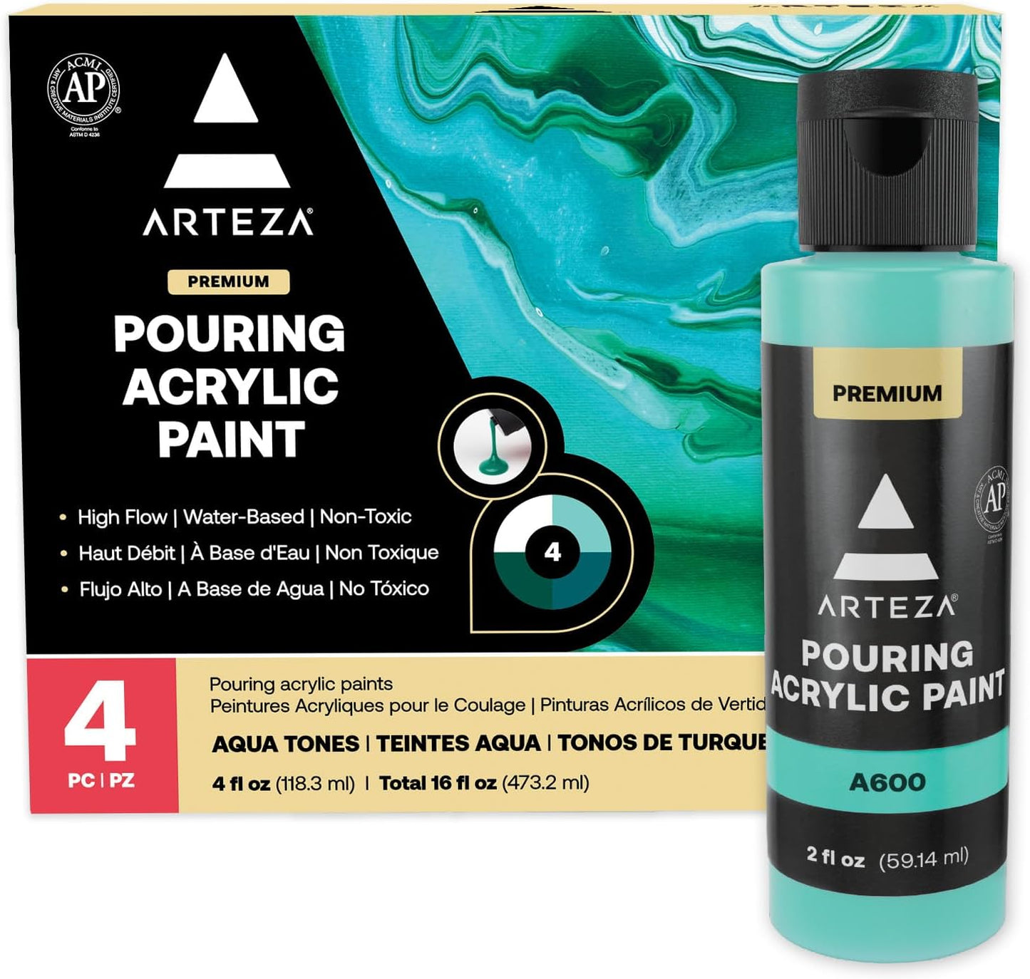 ARTEZA Acrylic Pouring Paint Set of 4 Colors, 4 ounce Bottles, Aqua Tones, High-Flow Acrylic Paint, Pouring Art Supplies Canvas, Glass, Paper, Wood