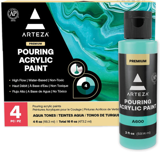 ARTEZA Acrylic Pouring Paint Set of 4 Colors, 4 ounce Bottles, Aqua Tones, High-Flow Acrylic Paint, Pouring Art Supplies Canvas, Glass, Paper, Wood